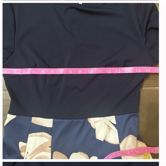 Beautiful navy blue dress with floral skirt and orange sash tie back zip large - Picture 9 of 13